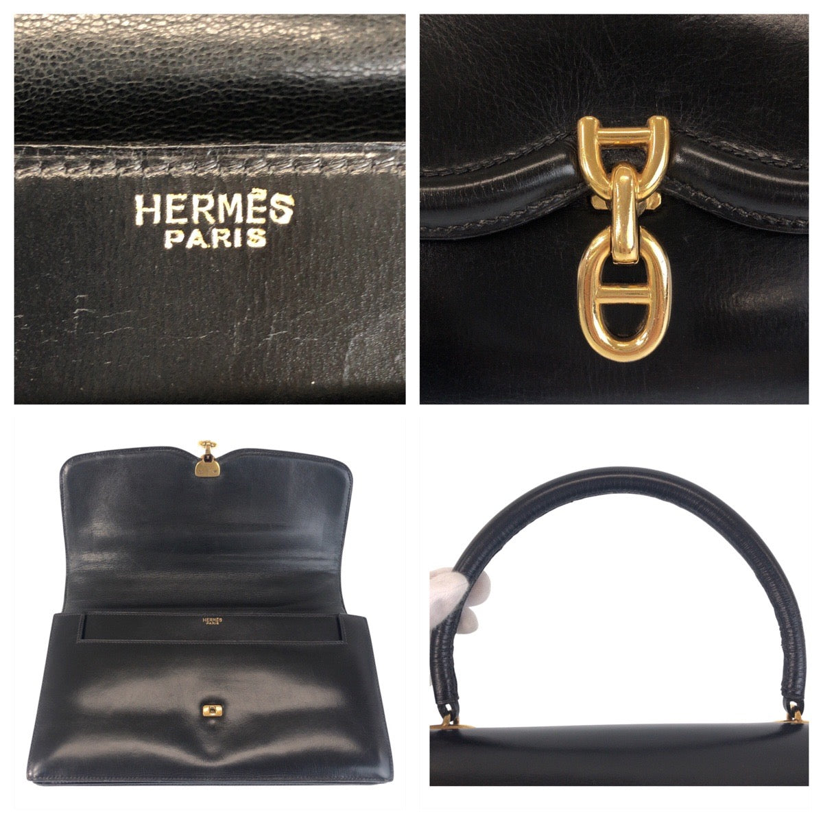 HERMES Handbag Box scarf Black Gold Metal Chene Dunkle Sac A Man Women