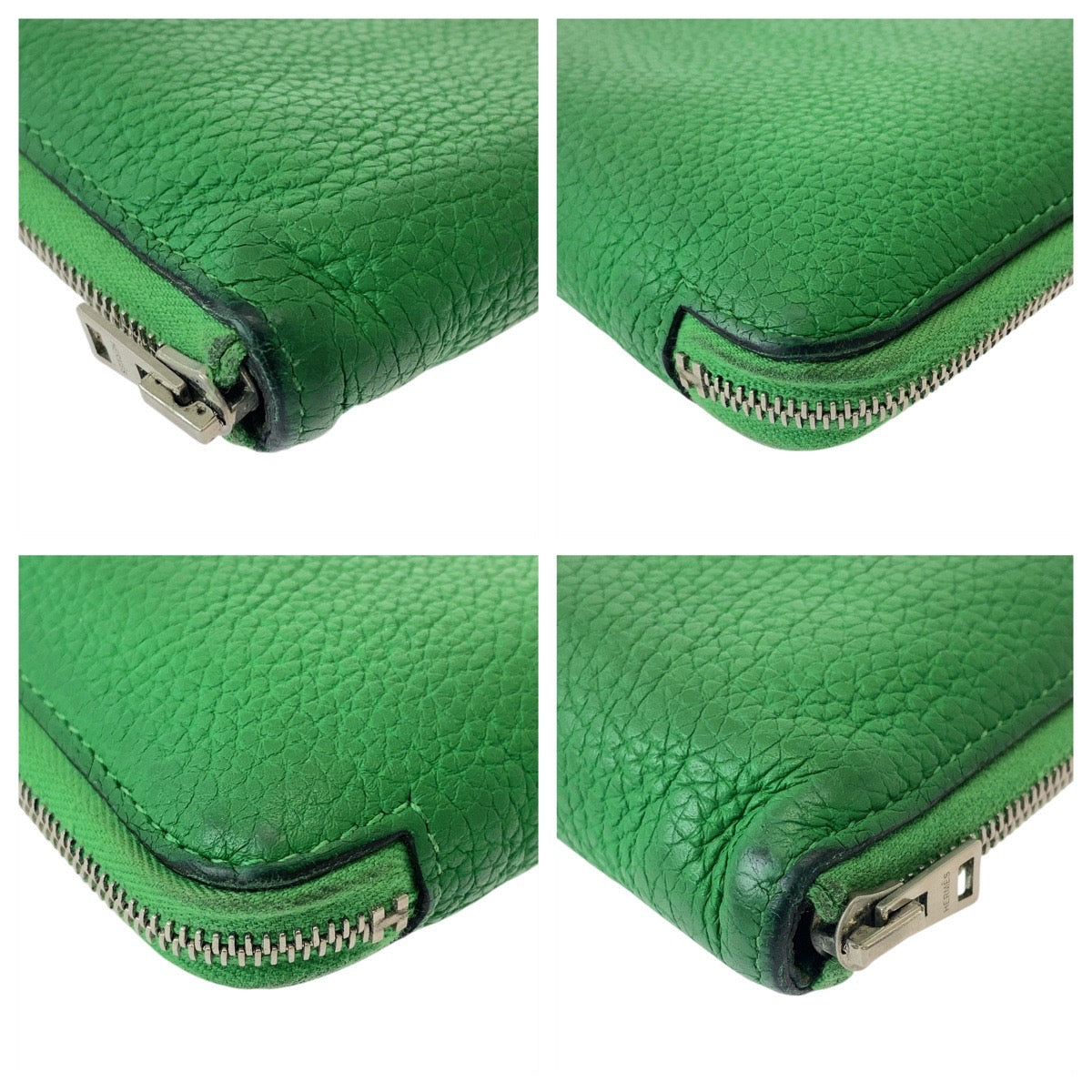 HERMES Long Wallet Purse leather Green SilverMetal Azap TGM