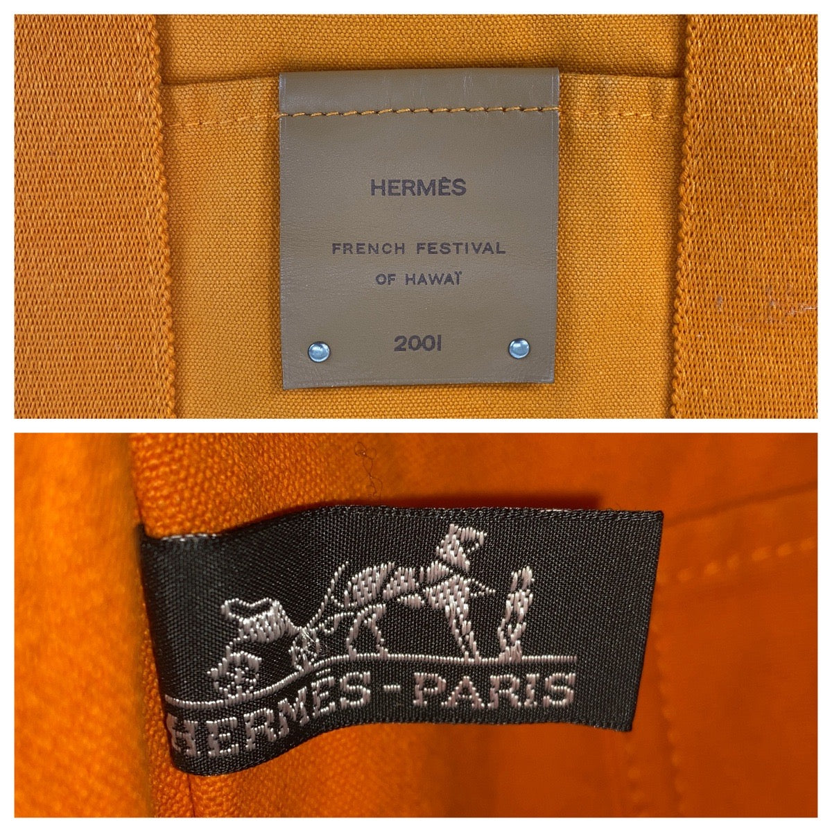 HERMES Tote Bag canvas Orange Fool Toe Cabas French Festival