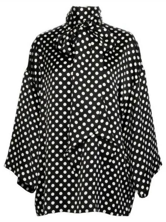 Luxury Saint Laurent Trending 2025 Polka Dot Bow Satin Blouse Black
