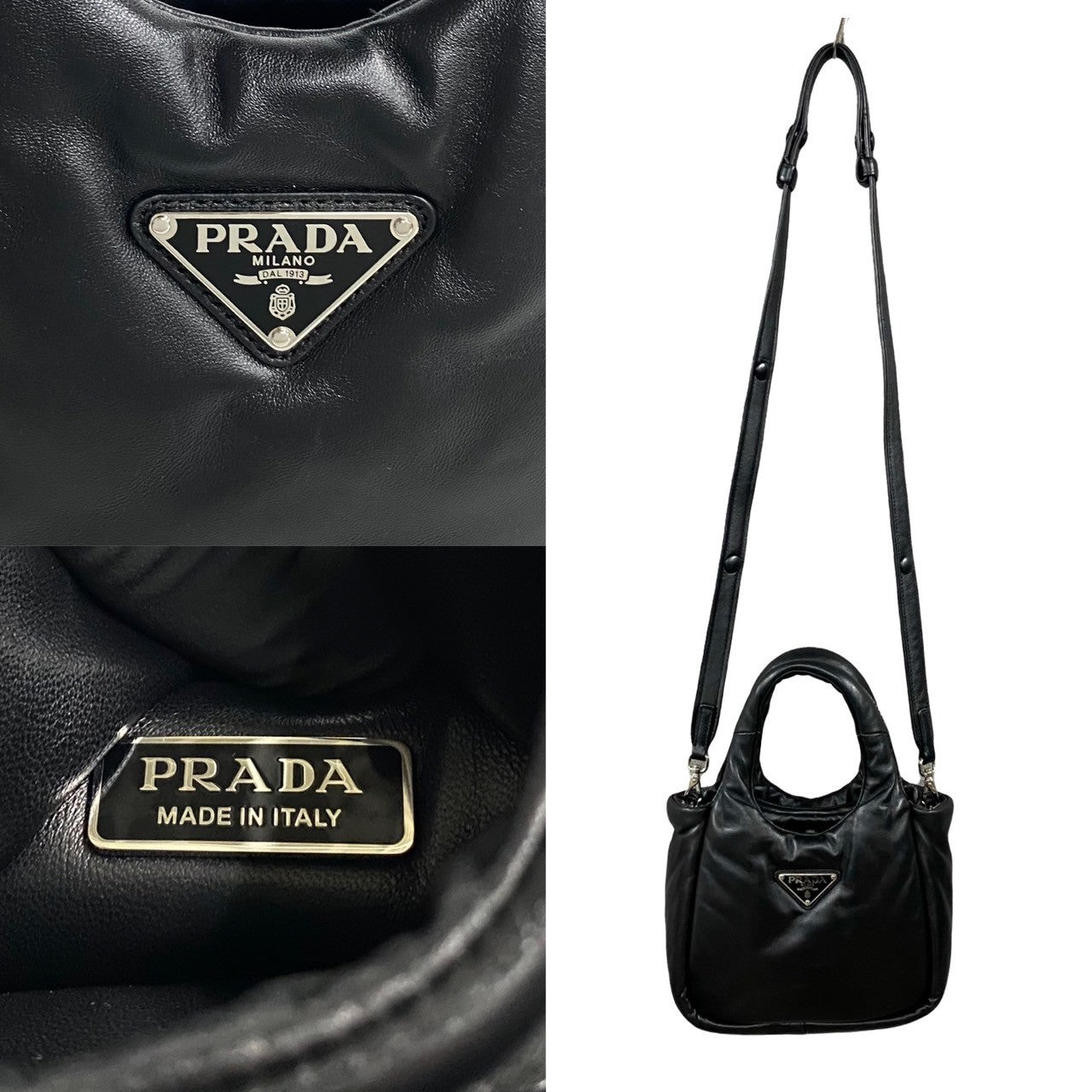 PRADA Shoulder Bag leather black Triangular logo Soft padding Women
