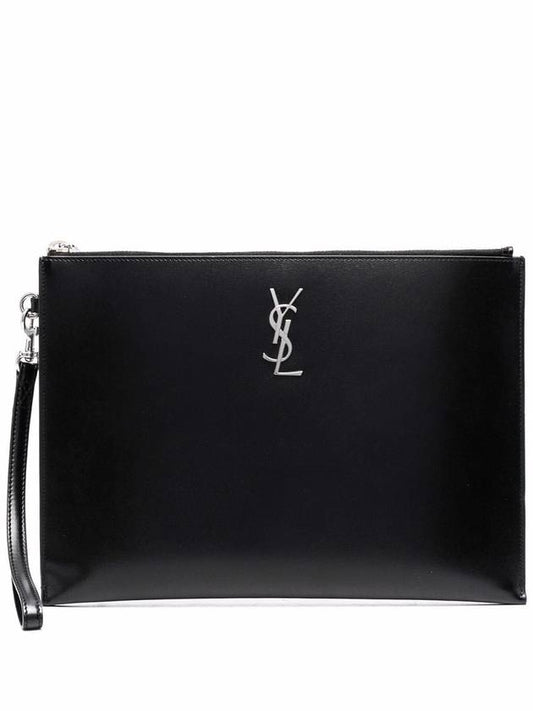 Luxury Saint Laurent Trending 2025 Monogram Silver Logo Clutch Bag Black