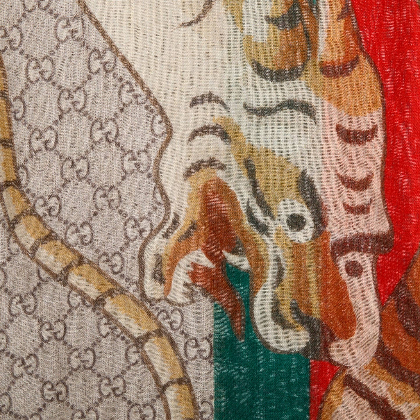 Gucci Beige/Green/Red GG Web Tiger Print Wool Scarf