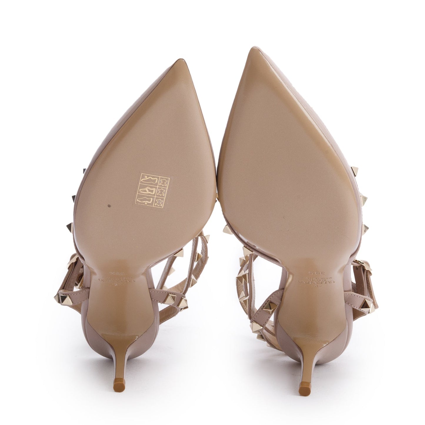 Valentino Beige Patent Leather Rockstud Ankle Strap Pumps, Size 39.5