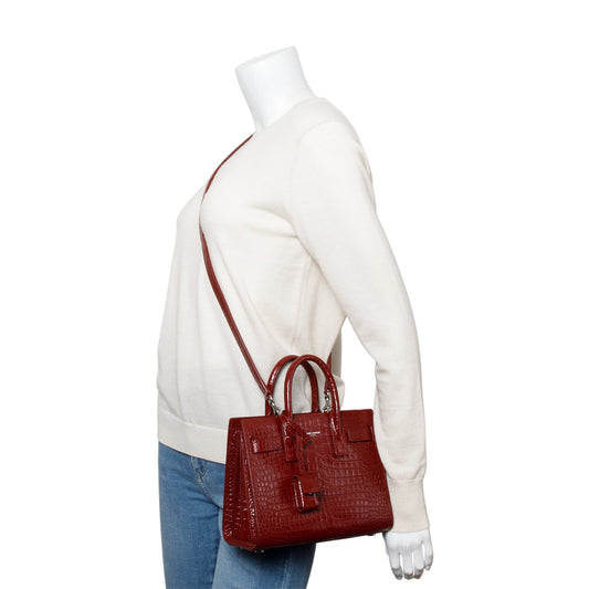 Saint Laurent Burgundy Crocodile Embossed Leather Nano Sac De Jour
