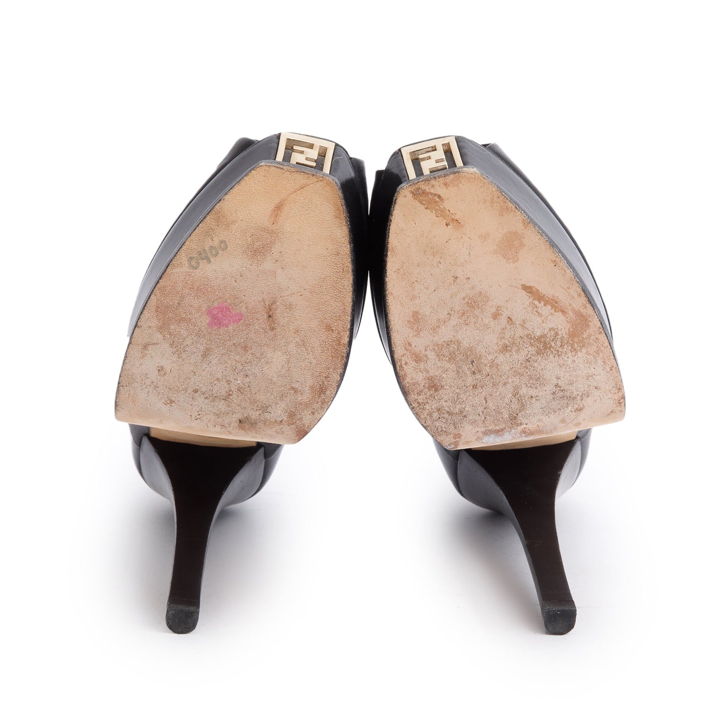 Fendi Black Leather FF Platform Peep-Toe Pumps, Size 38