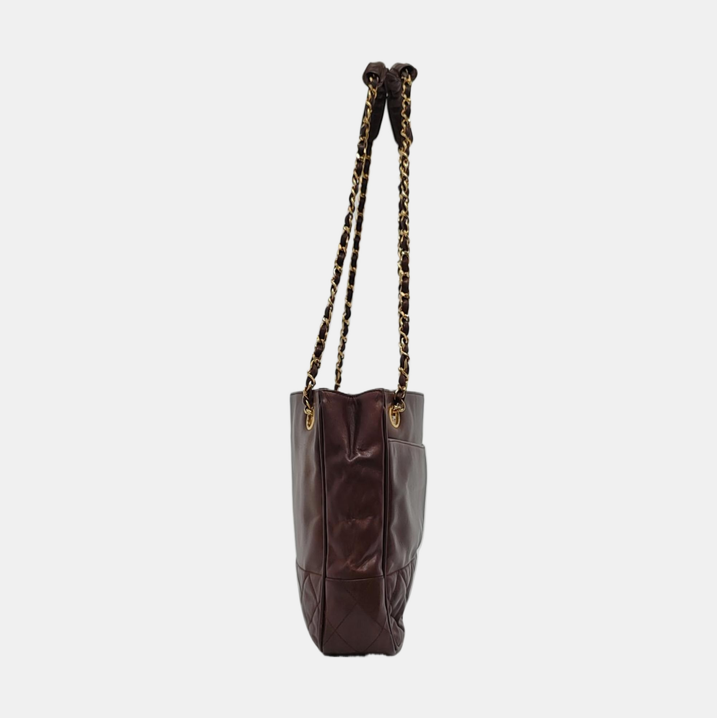 Chanel Vintage CC Logo Tote Bag Brown Calfskin Leather Double Gold Chain 1986-88