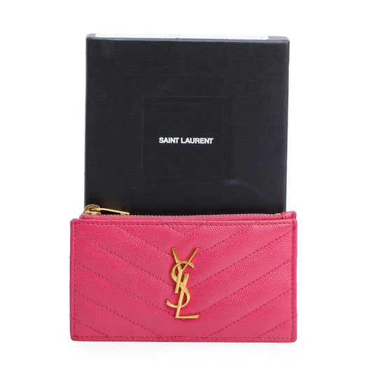 Saint Laurent 2022 Pink Grain De Poudre Leather Cassandre Matelasse Fragments Zipped Card Case