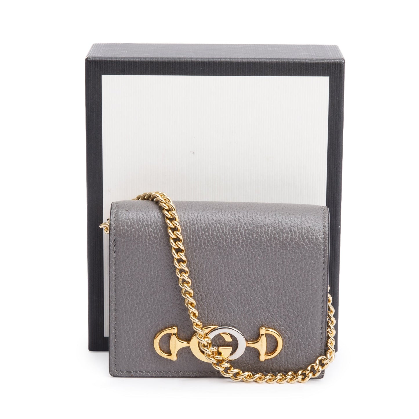 Gucci Grey Calfskin Leather Zumi Chain Card Case Wallet