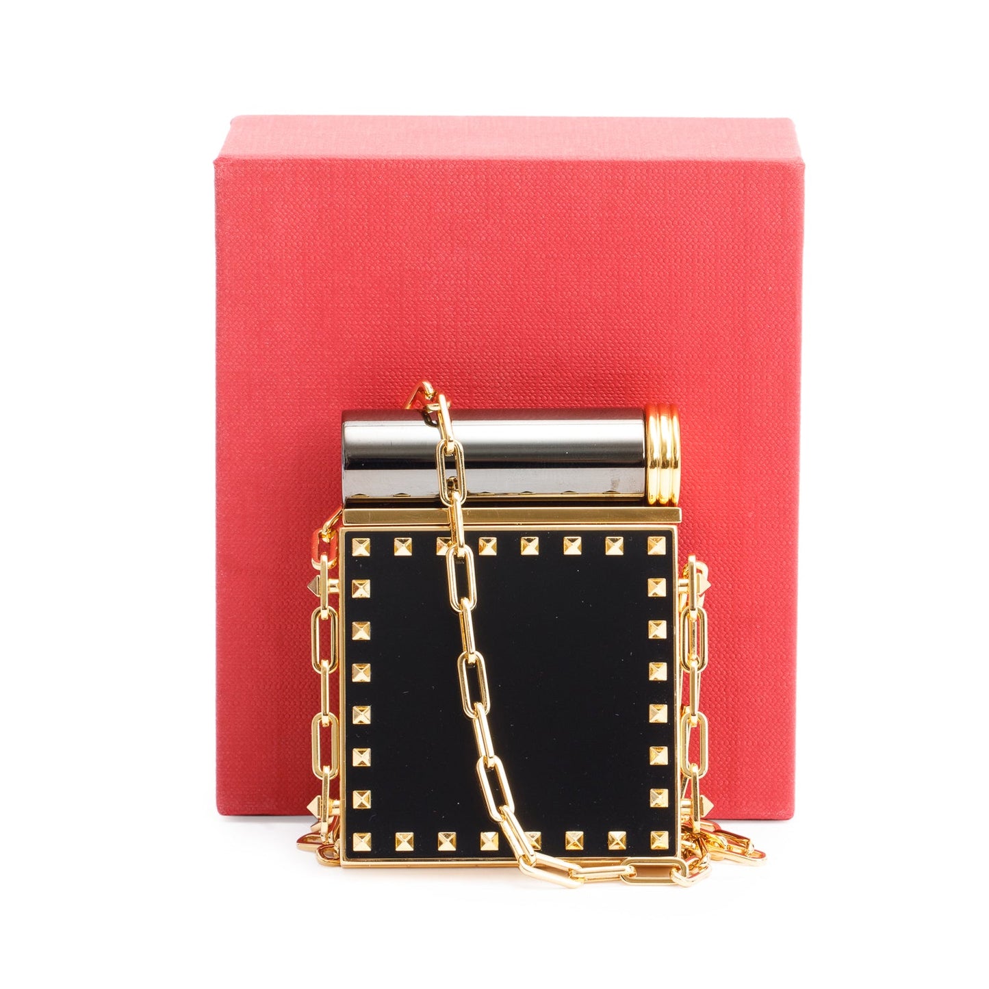 Valentino Gold-Tone Metal Black Acrylic Rockstud Lipstick & Mirror Minaudiere