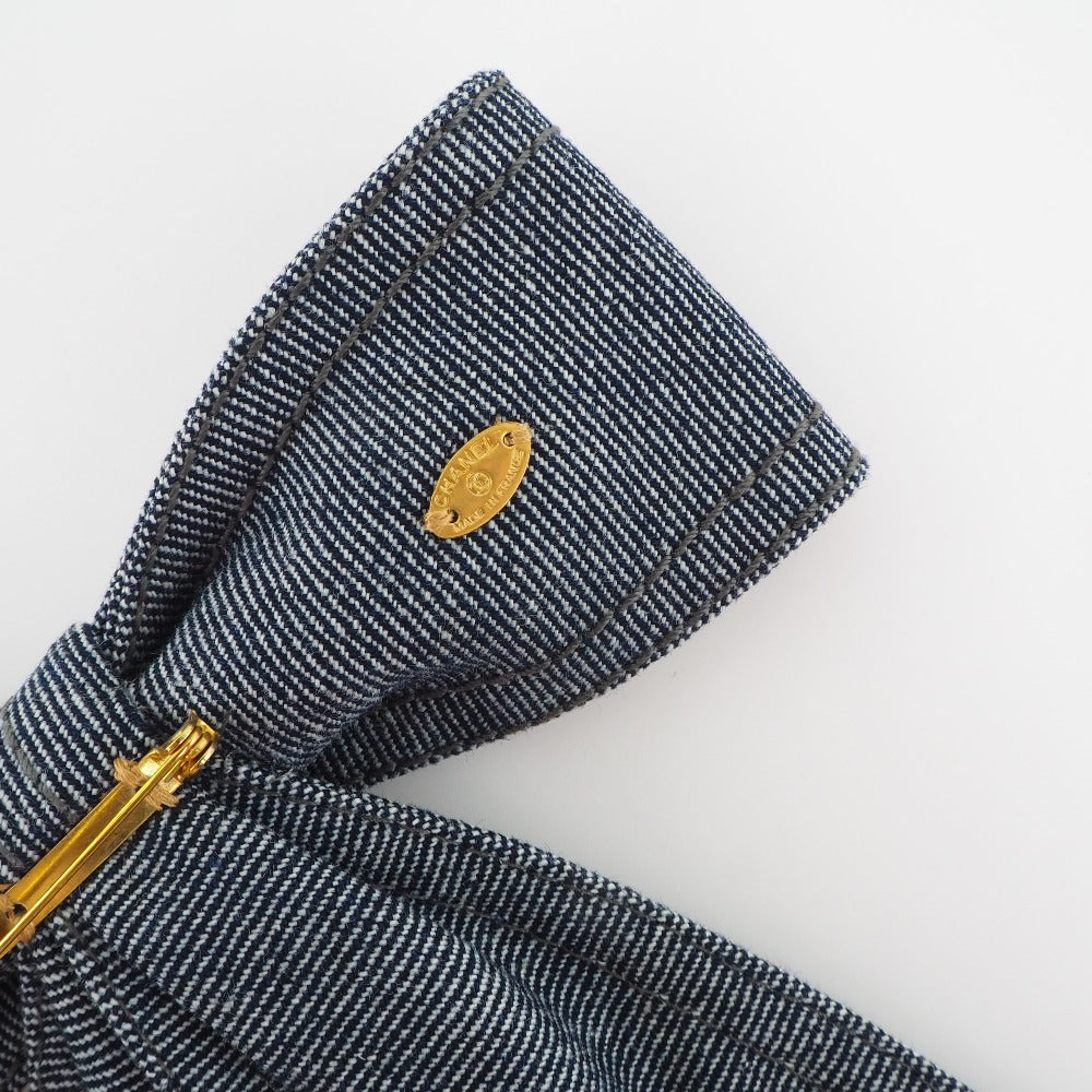 CHANEL Brooch Cotton denim Blue ribbon Women