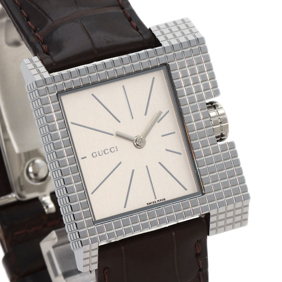 GUCCI Watches Quartz 7100M Stainless Steel, Leather Silver Square face Silver dial mens