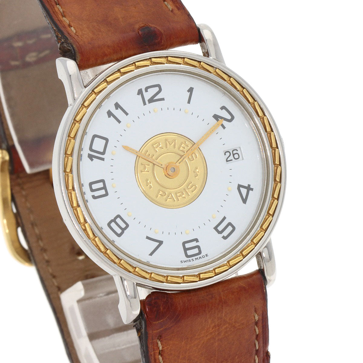 HERMES Watches Quartz Stainless Steel, Leather gold Serie white dial mens