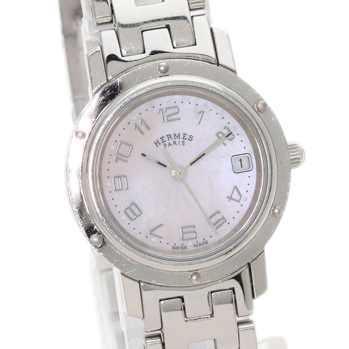HERMES Watches Quartz CL4.210 Stainless Steel , Stainless Steel Silver Clipper Nacle New Buckle Pink shell dial Women