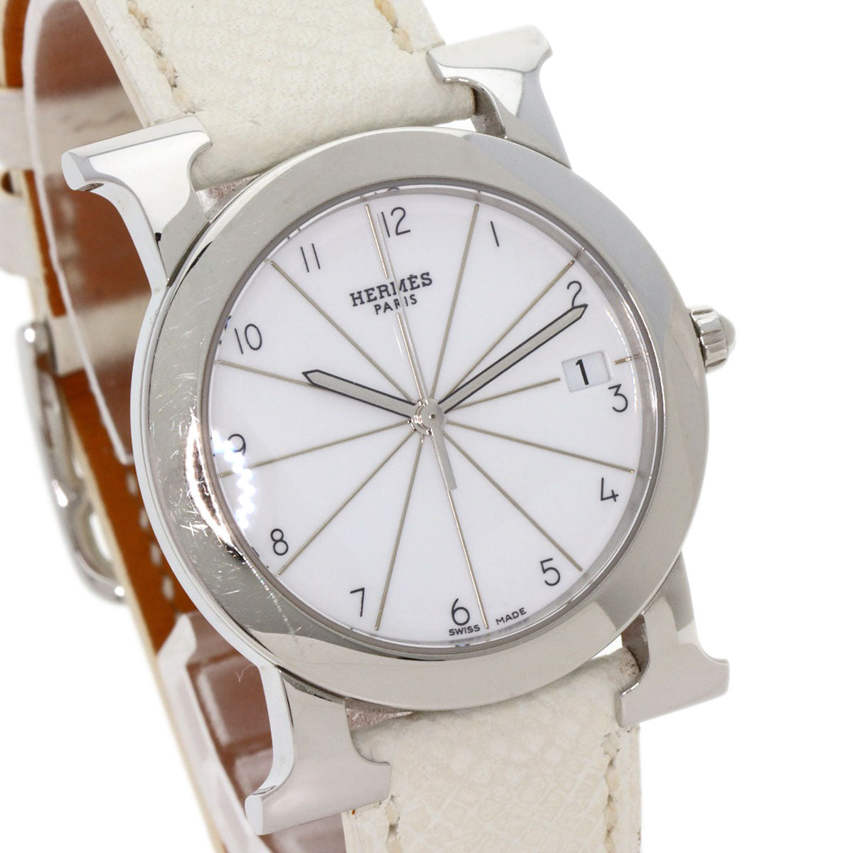 HERMES Watches Quartz HR1.510 Stainless Steel, Leather Silver H watch Rondo white dial Women