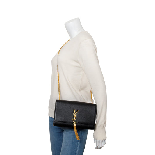 Saint Laurent 2022 Black Grain De Poudre Leather Medium Classic Monogram Kate Tassel Chain Bag