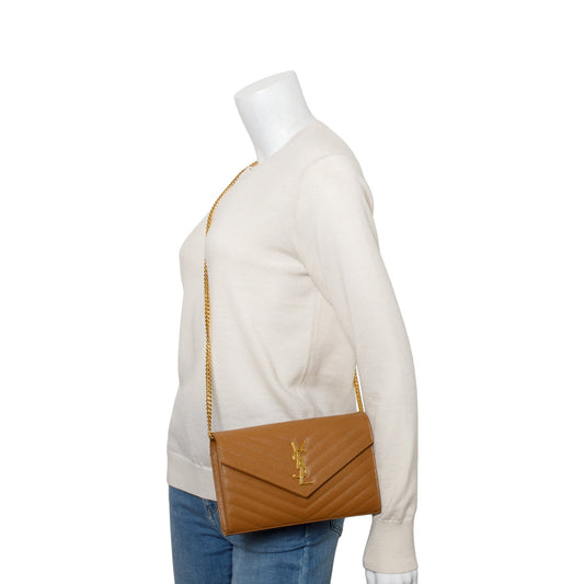 Saint Laurent Brown Cassandre Matelasse Envelope Chain Wallet
