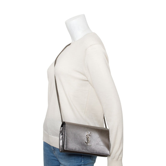 Saint Laurent Grey Aged Calfskin Leather Cassandre Wallet on Chain