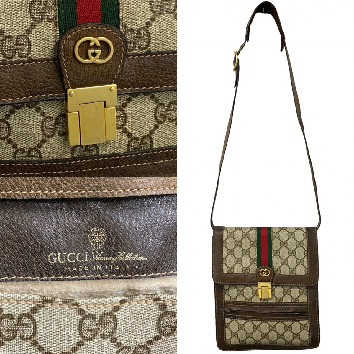 GUCCI Shoulder Bag Leather, PVC Brown GG logo Metal Sherry line Women