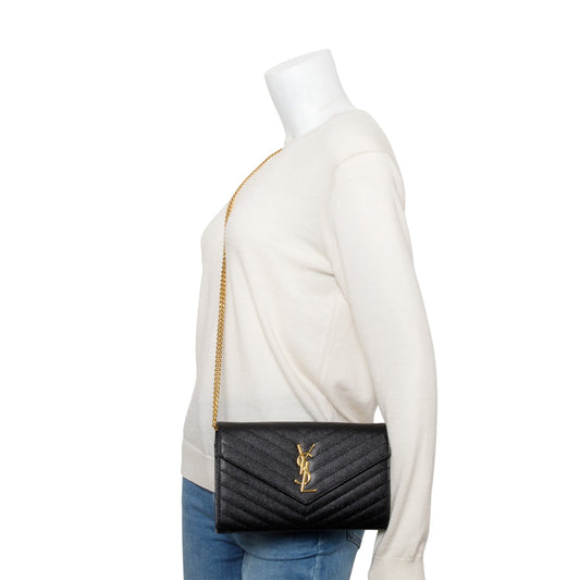 Saint Laurent 2020 Black Grain De Poudre Leather Cassandre Envelope Chain Wallet