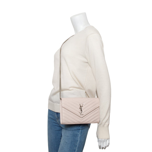 Saint Laurent Neutral Grain De Poudre Leather Classic Cassandre Envelope Chain Wallet