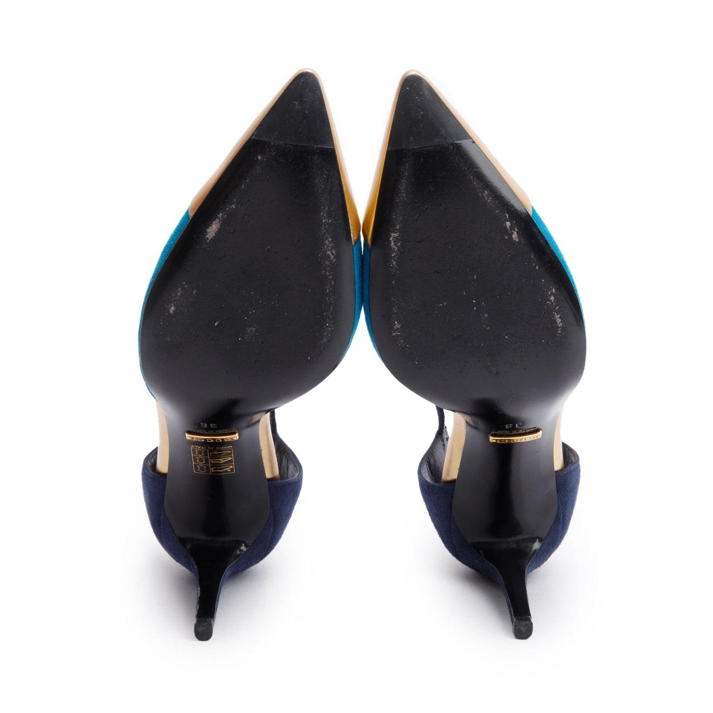 Gucci Tricolor Leather & SuedeT Strap Pumps, Size 38