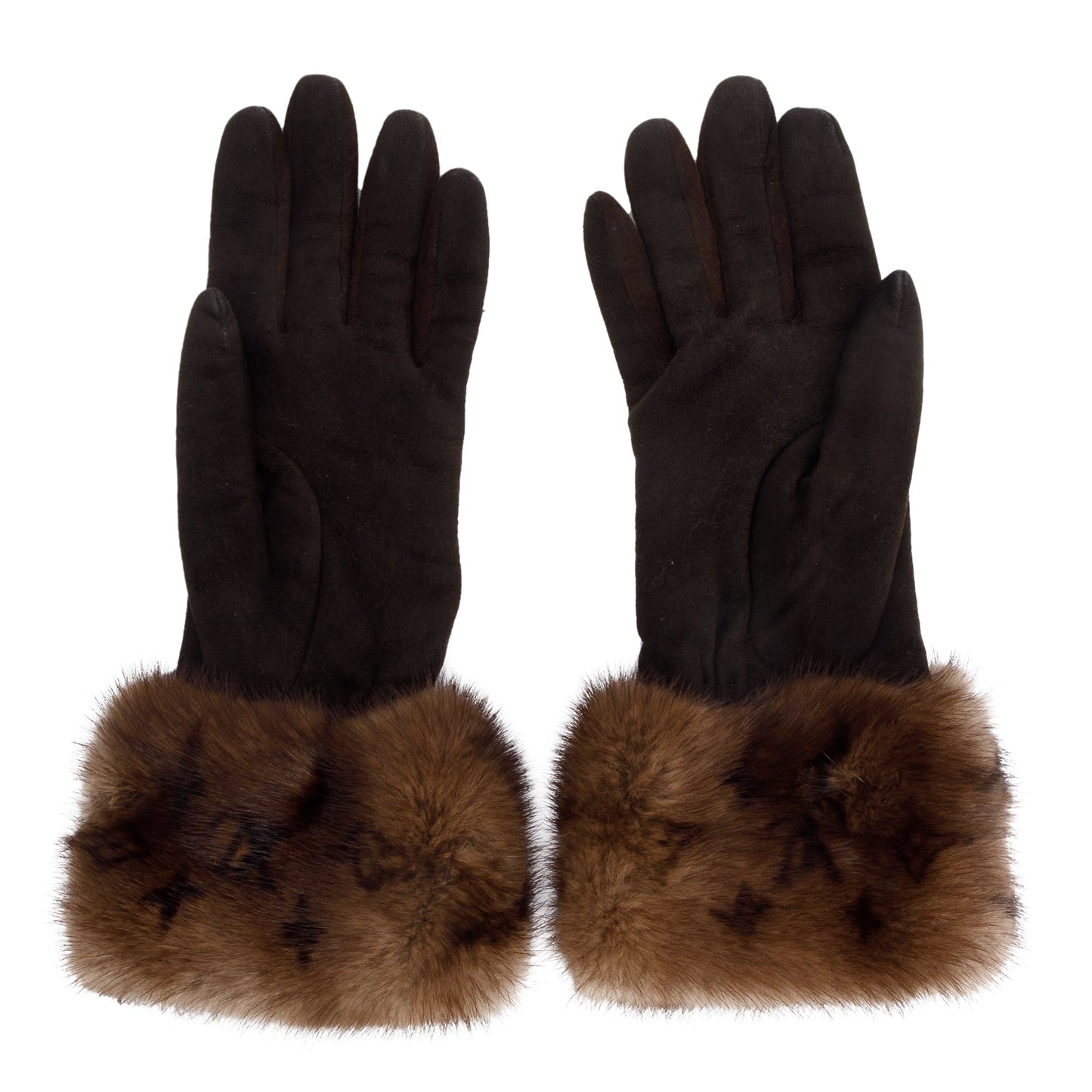 Louis Vuitton Brown Suede Monogram Cuffs Mink Gloves