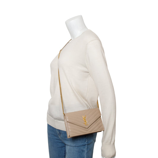 Saint Laurent 2022 Beige Cassandre Matelasse Envelope Chain Wallet