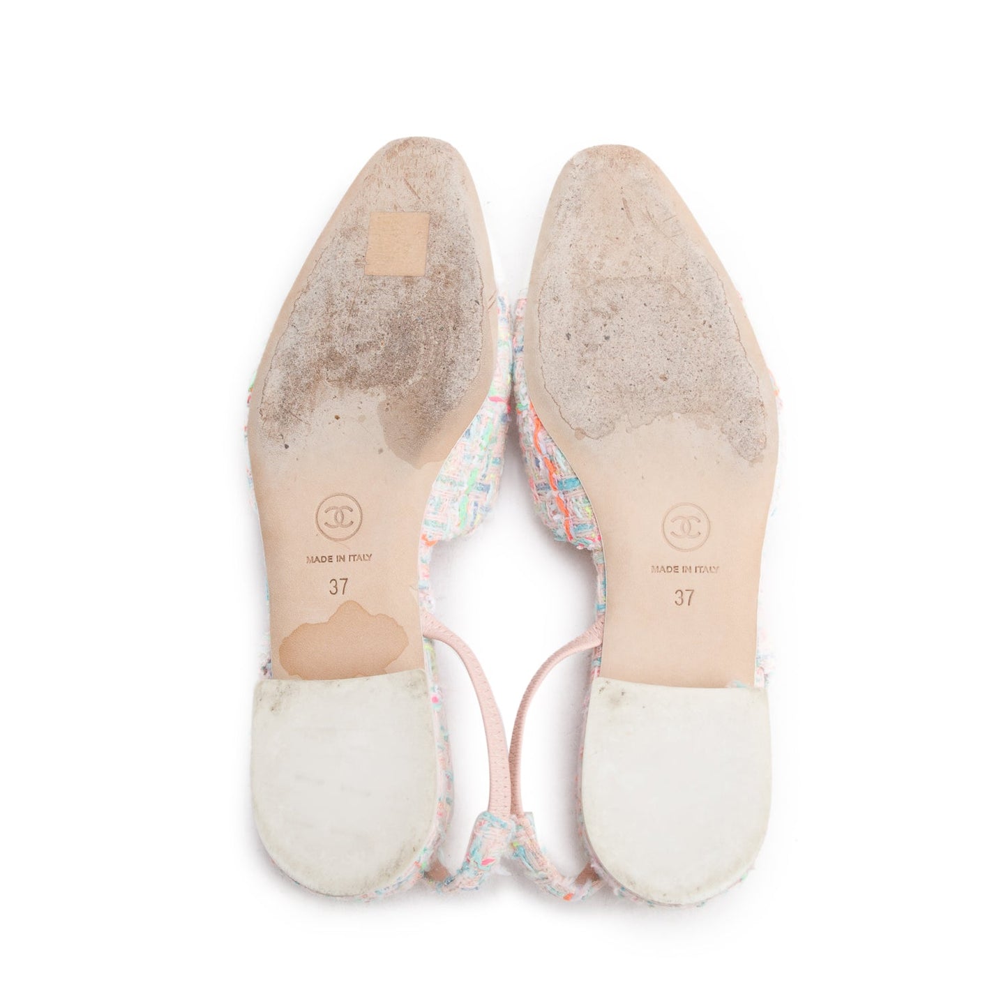 Chanel Pink Tweed White Patent Leather Cap Toe CC Slingback Flats, Size 37