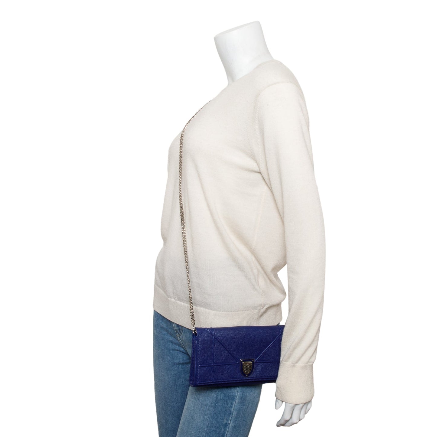 Christian Dior Blue Grained Calfskin Leather Diorama Croisiere Wallet on Chain