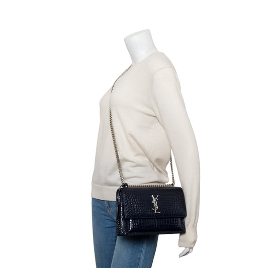 Saint Laurent Navy Croc Embossed Leather Medium Sunset Bag