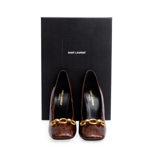 Saint Laurent Brown Leopard Print Patent Leather Chain-Link Accent Swing 110 Pumps, Size 36.5