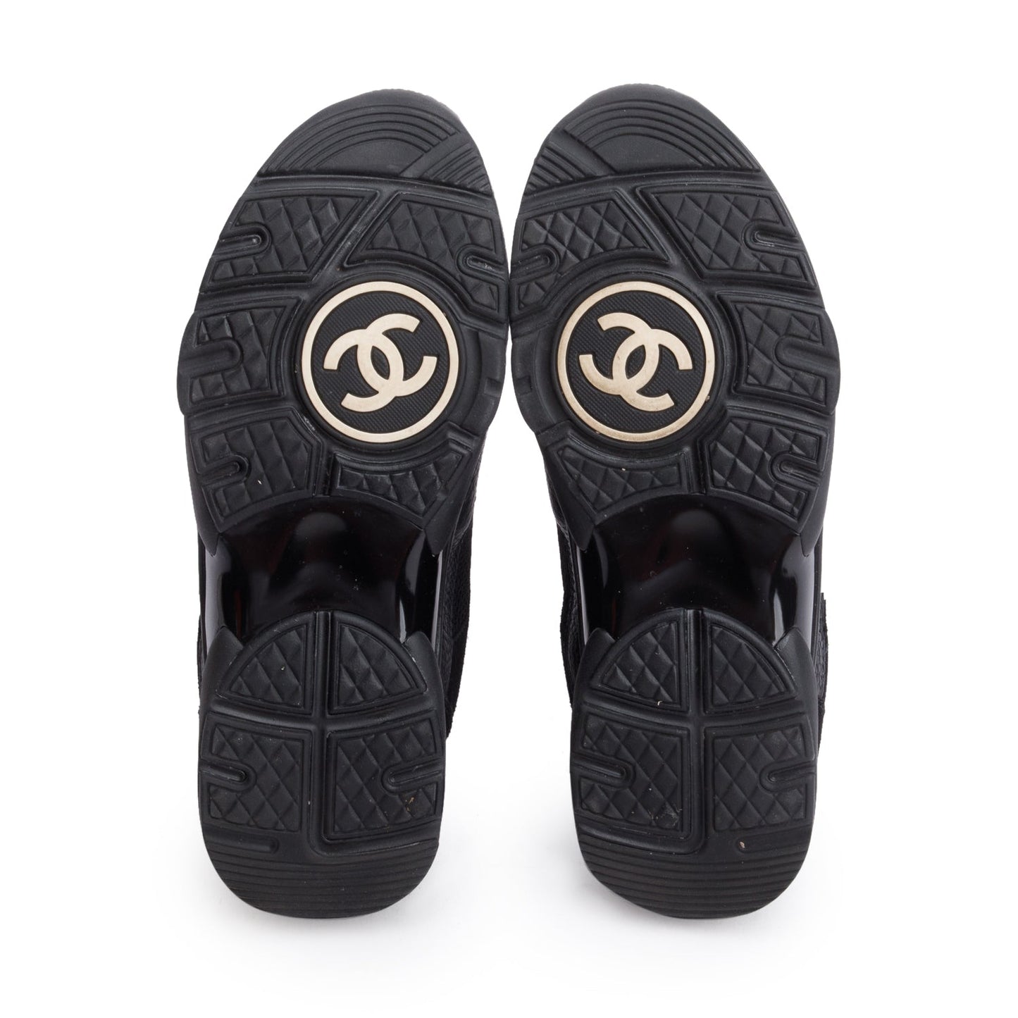 Chanel Black Calfskin Mesh Suede CC Logo Sneakers, Size 38.5