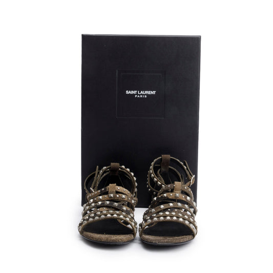 Saint Laurent Camouflage Suede Studded Gladiator Sandals, Size 37