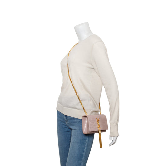 Saint Laurent Pink Croc-Embossed Leather Mini Kate Tassel Bag
