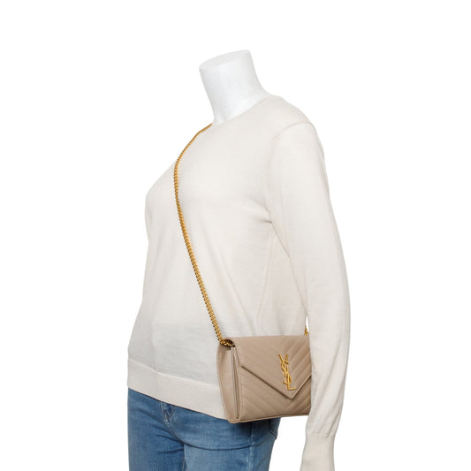 Saint Laurent 2023 Beige Grain De Poudre Leather Cassandre Envelope Chain Wallet