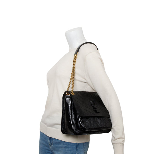Saint Laurent 2023 Black Crinkled Calfskin Leather Medium Niki Shoulder Bag