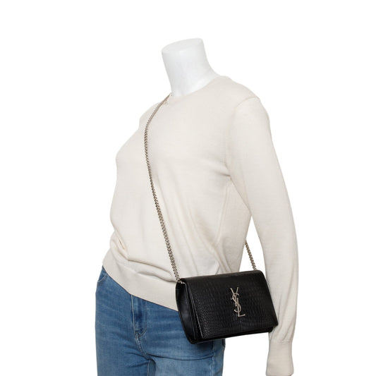 Saint Laurent Black Croc Embossed Classic Cassandre Chain Wallet