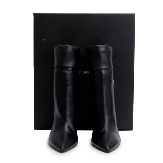 Saint Laurent Black Leather Niki Pointed Toe Ankle Boots, Size 39