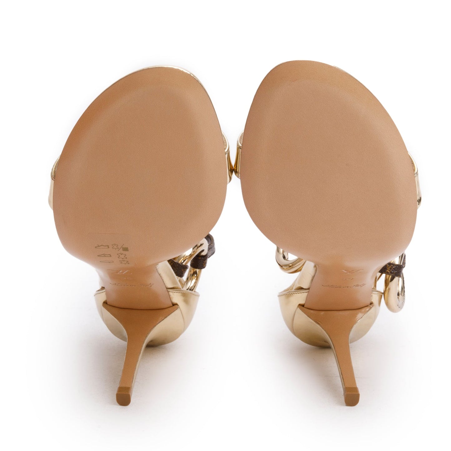 Louis Vuitton Gold Patent Leather Monogram Vedette Sandals