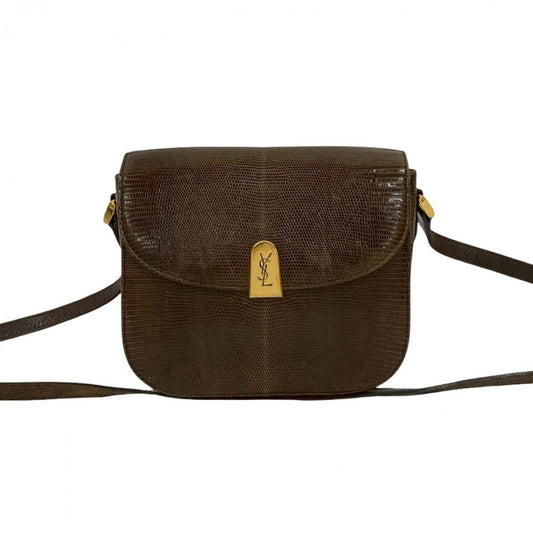 YVES SAINT LAURENT Shoulder Bag leather Brown YSL logo Metal Women