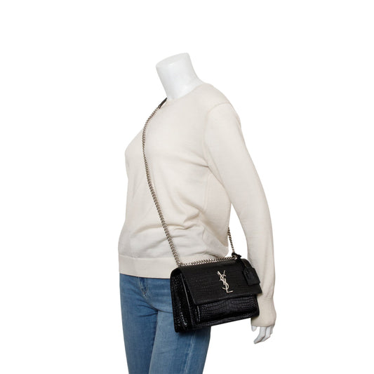 Saint Laurent Black Croc Embossed Calfskin Medium Sunset Bag
