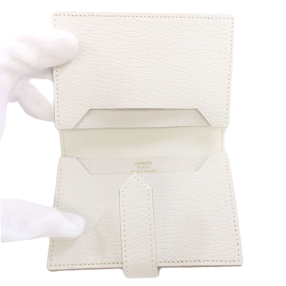 HERMES Card Case leather white Bearn Gold Metal Women