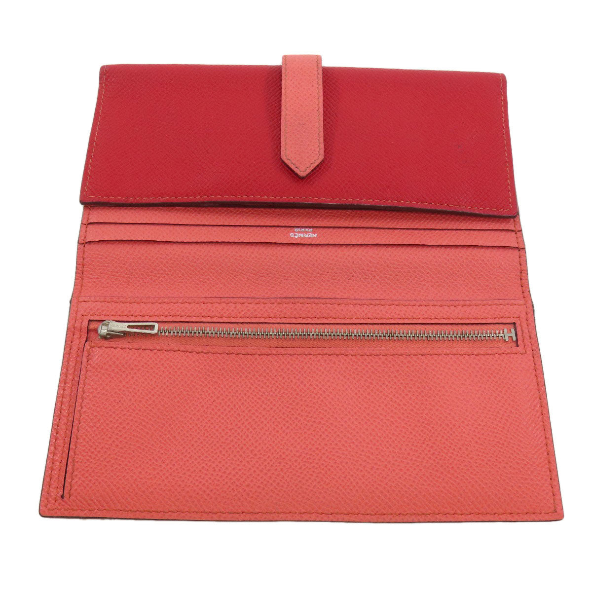 HERMES Long Wallet Purse Epsom Red Bearn 2PLIS SilverMetal Women