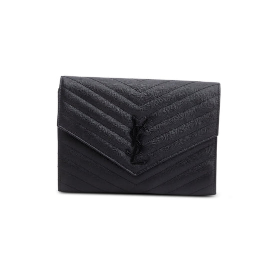 Saint Laurent 2023 Black Grain De Poudre Matelasse Chevron Cassandre Flap Clutch
