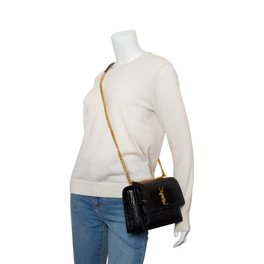 Saint Laurent Black Croc Embossed Calfskin Medium Sunset Bag