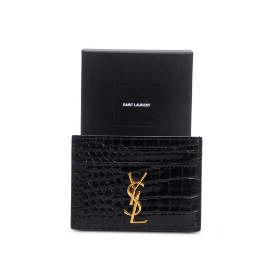 Saint Laurent Crocodile Embossed Leather Cassandre Card Holder
