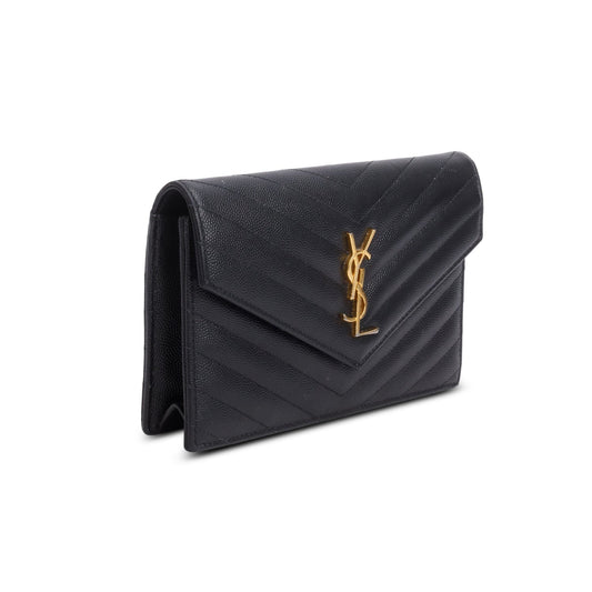 Saint Laurent 2023 Black Grain de Poudre Matelasse Chevron Envelope Wallet