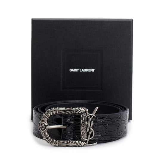 Saint Laurent 2020 Black Croc Embossed Patent Leather Celtic Belt 85,