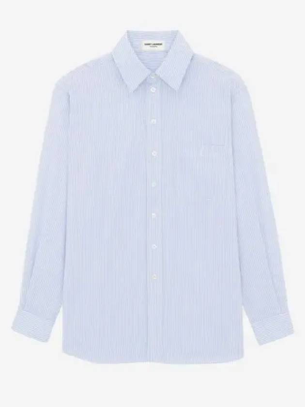 Luxury Saint Laurent Trending 2025 Striped Cotton Poplin Monogram Long Sleeve Shirt Blue